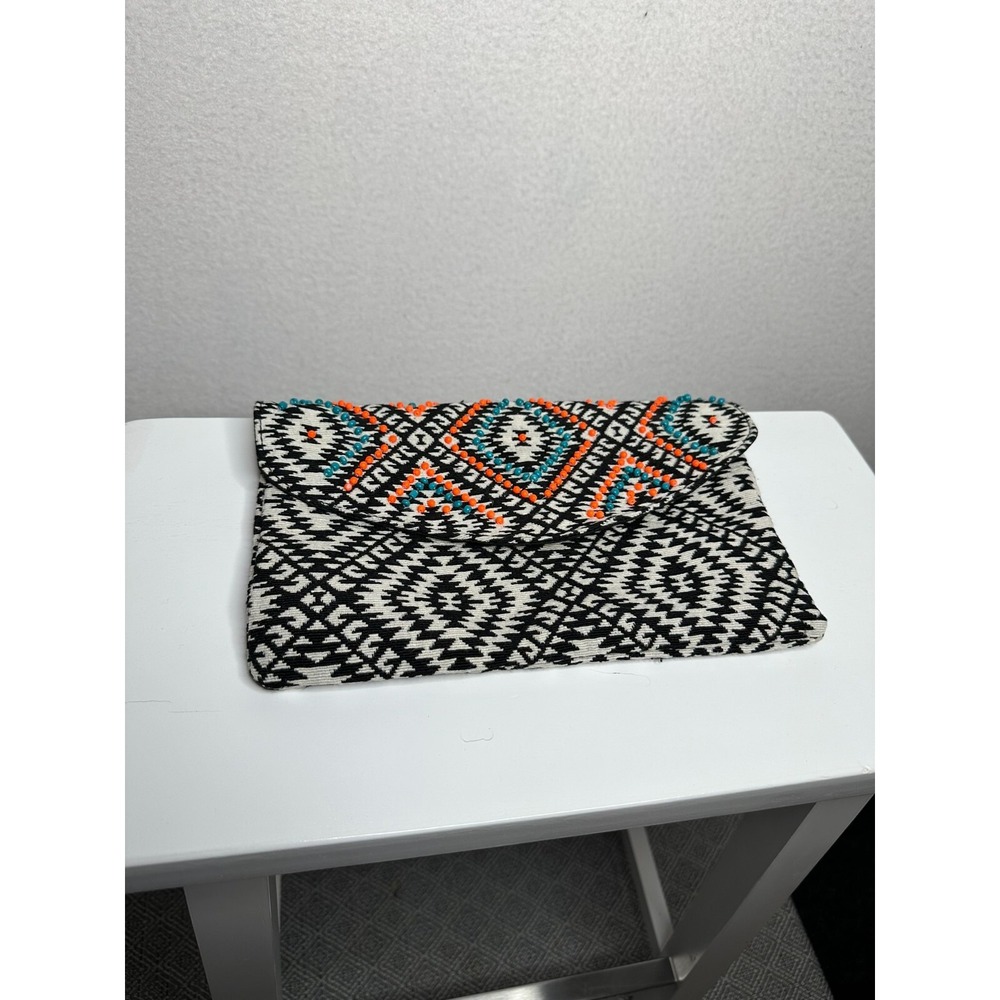 Merona Clutch Bag Black White Geometric Woven Beaded Envelope Handbag Medium